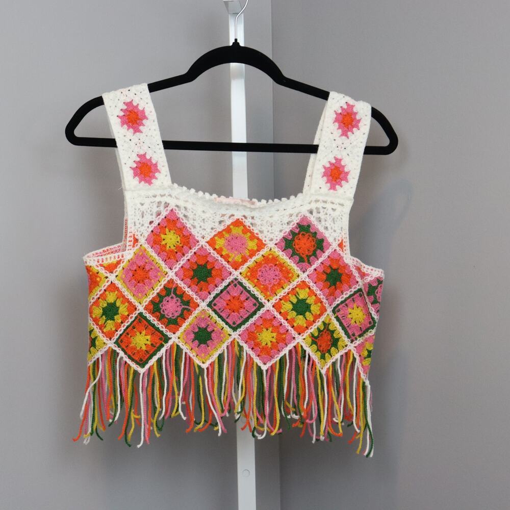 Bomy Collection Crochet Fringe Crop Top Multicolor Boho Festival Size M‎